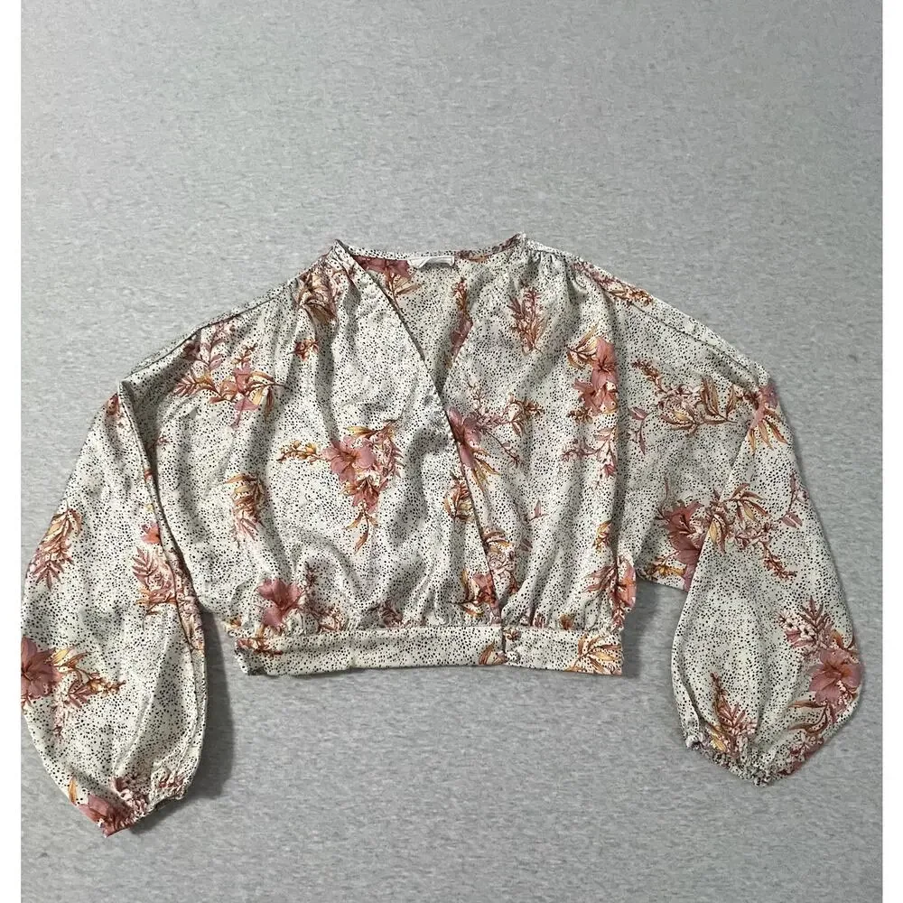 Sage The Label Wrap Blouse‎ Womens Medium Cream Floral Polka Dot Satin LS Top